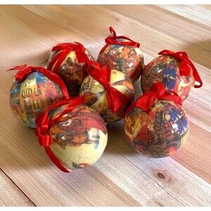 Vintage Old World Santa Cherub Paper Mache Christmas Ball Ornaments Set Of 7